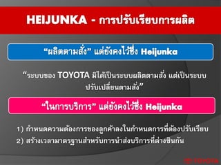 “ระบบของ TOYOTA มิได้เป็นระบบผลิตตามสั่ง แต่เป็นระบบ
ปรับเปลี่ยนตามสั่ง”
1) กาหนดความต้องการของลูกค้าลงในกาหนดการที่ต้องปรับเรียบ
2) สร้างเวลามาตรฐานสาหรับการนาส่งบริการที่ต่างชินกัน
 