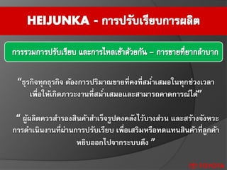 “ธุรกิจทุกธุรกิจ ต้องการปริมาณขายที่คงที่สม่าเสมอในทุกช่วงเวลา
เพื่อให้เกิดภาวะงานที่สม่าเสมอและสามารถคาดการณ์ได้”
“ ผู้ผลิตควรสารองสินค้าสาเร็จรูปคงคลังไว้บางส่วน และสร้างจังหวะ
การดาเนินงานที่ผ่านการปรับเรียบ เพื่อเสริมหรือทดแทนสินค้าที่ลูกค้า
หยิบออกไปจากระบบดึง ”
 
