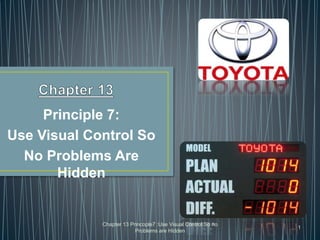 Principle 7:
Use Visual Control So
No Problems Are
Hidden
Chapter 13 Princople7 :Use Visual Control So no
Problems are Hidden
1
 