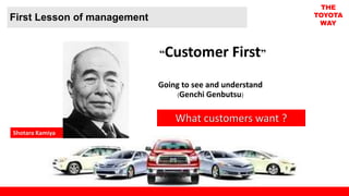 First Lesson of management
“Customer First”
Shotara Kamiya
Going to see and understand
(Genchi Genbutsu)
What customers want ?
THE
TOYOTA
WAY
 