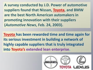 A survey conducted by J.D. Power of automotive
suppliers found that Nissan, Toyota, and BMW
are the best North American automakers in
promoting innovation with their suppliers
(Automotive News, Feb. 24, 2003).
Toyota has been rewarded time and time again for
its serious investment in building a network of
highly capable suppliers that is truly integrated
into Toyota’s extended lean enterprise.
 