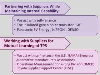 Partnering with Suppliers While
Maintaining Internal Capability
• We act with self-reliance
• The insulated gate bipolar transistor IGBT
• Panasonic EV Energy , NIPPON , DENSO
Working with Suppliers for
Mutual Learning of TPS
• We act with self-reliancIn the U.S., BAMA (Bluegrass
Automotive Manufacturers Association)
• Operations Management Consulting Division(OMCD)
• Toyota Supplier Support Center (TSSC)
 