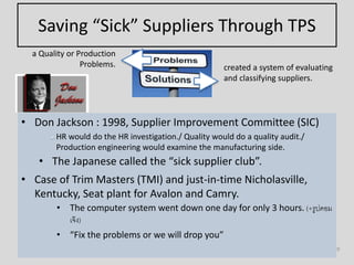 Saving “Sick” Suppliers Through TPS
• Don Jackson : 1998, Supplier Improvement Committee (SIC)
HR would do the HR investigation./ Quality would do a quality audit./
Production engineering would examine the manufacturing side.
• The Japanese called the “sick supplier club”.
• Case of Trim Masters (TMI) and just-in-time Nicholasville,
Kentucky, Seat plant for Avalon and Camry.
• The computer system went down one day for only 3 hours. (+รูปคอม
เจ๊ง)
• “Fix the problems or we will drop you”
9
a Quality or Production
Problems. created a system of evaluating
and classifying suppliers.
 