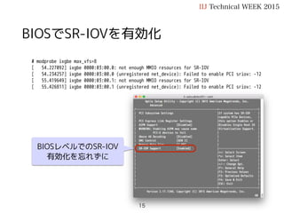 サーバHWの設定でSR-IOVを有効化
# modprobe ixgbe max_vfs=8
[ 54.227092] ixgbe 0000:03:00.0: not enough MMIO resources for SR-IOV
[ 54.234257] ixgbe 0000:03:00.0 (unregistered net_device): Failed to enable PCI sriov: -12
[ 55.419649] ixgbe 0000:03:00.1: not enough MMIO resources for SR-IOV
[ 55.426811] ixgbe 0000:03:00.1 (unregistered net_device): Failed to enable PCI sriov: -12
IIJ Technical WEEK 2015
15
サーバHWでのSR-IOV
有効化を忘れずに
 