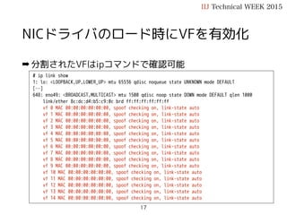 NICドライバのロード時にVFを有効化
➡ 分割されたVFはipコマンドで確認可能
IIJ Technical WEEK 2015
# ip link show
1: lo: <LOOPBACK,UP,LOWER_UP> mtu 65536 qdisc noqueue state UNKNOWN mode DEFAULT
[…]
648: eno49: <BROADCAST,MULTICAST> mtu 1500 qdisc noop state DOWN mode DEFAULT qlen 1000
link/ether 8c:dc:d4:b5:c9:0c brd ff:ff:ff:ff:ff:ff
vf 0 MAC 00:00:00:00:00:00, spoof checking on, link-state auto
vf 1 MAC 00:00:00:00:00:00, spoof checking on, link-state auto
vf 2 MAC 00:00:00:00:00:00, spoof checking on, link-state auto
vf 3 MAC 00:00:00:00:00:00, spoof checking on, link-state auto
vf 4 MAC 00:00:00:00:00:00, spoof checking on, link-state auto
vf 5 MAC 00:00:00:00:00:00, spoof checking on, link-state auto
vf 6 MAC 00:00:00:00:00:00, spoof checking on, link-state auto
vf 7 MAC 00:00:00:00:00:00, spoof checking on, link-state auto
vf 8 MAC 00:00:00:00:00:00, spoof checking on, link-state auto
vf 9 MAC 00:00:00:00:00:00, spoof checking on, link-state auto
vf 10 MAC 00:00:00:00:00:00, spoof checking on, link-state auto
vf 11 MAC 00:00:00:00:00:00, spoof checking on, link-state auto
vf 12 MAC 00:00:00:00:00:00, spoof checking on, link-state auto
vf 13 MAC 00:00:00:00:00:00, spoof checking on, link-state auto
vf 14 MAC 00:00:00:00:00:00, spoof checking on, link-state auto
17
 