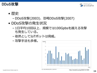 Copyright Internet Initiative Japan Inc.
16
DDoS攻撃
• 歴史
– DDoS攻撃(2003)、恐喝DDoS攻撃(2007)
• DDoS攻撃の発生状況
– 1日平均10回以上、規模では100Gpbsを越える攻撃
も発生している。
– 依然としてIoTボットは脅威。
– 攻撃手法も多様。
https://wizsafe.iij.ad.jp/2020/10/1089/
 