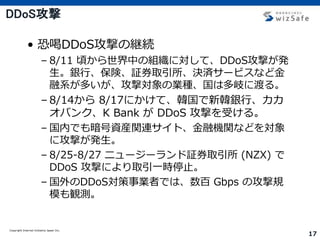 Copyright Internet Initiative Japan Inc.
17
DDoS攻撃
• 恐喝DDoS攻撃の継続
– 8/11 頃から世界中の組織に対して、DDoS攻撃が発
生。銀行、保険、証券取引所、決済サービスなど金
融系が多いが、攻撃対象の業種、国は多岐に渡る。
– 8/14から 8/17にかけて、韓国で新韓銀行、カカ
オバンク、K Bank が DDoS 攻撃を受ける。
– 国内でも暗号資産関連サイト、金融機関などを対象
に攻撃が発生。
– 8/25-8/27 ニュージーランド証券取引所 (NZX) で
DDoS 攻撃により取引一時停止。
– 国外のDDoS対策事業者では、数百 Gbps の攻撃規
模も観測。
 