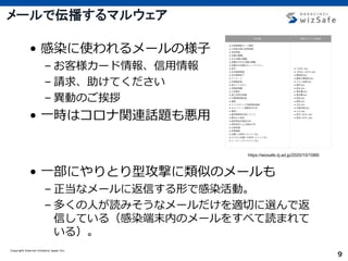 Copyright Internet Initiative Japan Inc.
9
メールで伝播するマルウェア
• 感染に使われるメールの様子
– お客様カード情報、信用情報
– 請求、助けてください
– 異動のご挨拶
• 一時はコロナ関連話題も悪用
• 一部にやりとり型攻撃に類似のメールも
– 正当なメールに返信する形で感染活動。
– 多くの人が読みそうなメールだけを適切に選んで返
信している（感染端末内のメールをすべて読まれて
いる）。
https://wizsafe.iij.ad.jp/2020/10/1089/
 