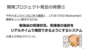 開発プロジェクト発足の背景①
今年のオンライン化に伴う課題と、これまでのIIJ Bootcampの
課題をついでに解決するため、
勉強会の受講状況、受講者の進捗を
リアルタイムで確認できるようにするシステム
の導入が求められていた。
11
 