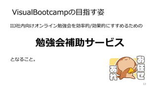 VisualBootcampの目指す姿
IIJ社内向けオンライン勉強会を効率的/効果的にすすめるための
勉強会補助サービス
となること。
13
 