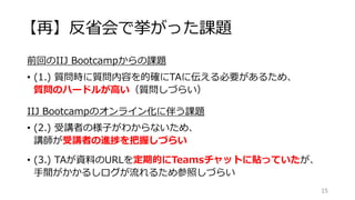【再】反省会で挙がった課題
前回のIIJ Bootcampからの課題
• (1.) 質問時に質問内容を的確にTAに伝える必要があるため、
質問のハードルが高い（質問しづらい）
IIJ Bootcampのオンライン化に伴う課題
• (2.) 受講者の様子がわからないため、
講師が受講者の進捗を把握しづらい
• (3.) TAが資料のURLを定期的にTeamsチャットに貼っていたが、
手間がかかるしログが流れるため参照しづらい
15
 