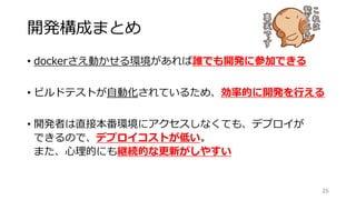 開発構成まとめ
• dockerさえ動かせる環境があれば誰でも開発に参加できる
• ビルドテストが自動化されているため、効率的に開発を行える
• 開発者は直接本番環境にアクセスしなくても、デプロイが
できるので、デプロイコストが低い。
また、心理的にも継続的な更新がしやすい
26
 