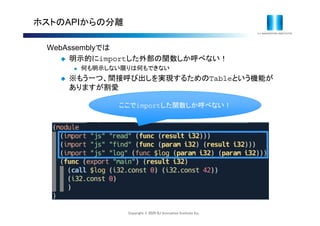 Copyright © 2020 IIJ Innovation Institute Inc.
ホストのAPIからの分離
WebAssemblyでは
 明示的にimportした外部の関数しか呼べない！
 何も明示しない限りは何もできない
 ※もう一つ、間接呼び出しを実現するためのTableという機能が
ありますが割愛
ここでimportした関数しか呼べない！
 