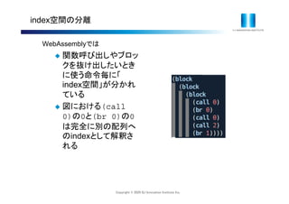 Copyright © 2020 IIJ Innovation Institute Inc.
index空間の分離
WebAssemblyでは
 関数呼び出しやブロッ
クを抜け出したいとき
に使う命令毎に「
index空間」が分かれ
ている
 図における(call
0)の0と(br 0)の0
は完全に別の配列へ
のindexとして解釈さ
れる
 