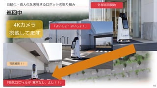 10
自動化・省人化を実現するロボットの取り組み
巡回中
外部巡回開始
「よいしょ！よいしょ！」
「吸気口/フィルタ 異常なし、よし！！」
写真撮影！！
4Kカメラ
搭載してます
 