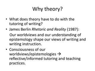 Why theory?What does theory have to do with the tutoring of writing?James Berlin Rhetoric and Reality (1987):    Our worldviews and our understanding of epistemology shape our views of writing and writing instruction.Consciousness of our worldviews/epistemologies  reflective/informed tutoring and teaching  practices.