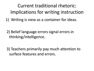 Current traditional rhetoric: Implications for writing instructionWriting is view as a container for ideas. 2) Belief language errors signal errors in thinking/intelligence. 3) Teachers primarily pay much attention to surface features and errors.