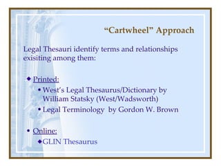 “ Cartwheel ”  Approach   Legal Thesauri identify terms and relationships exisiting among them: Printed: West’s Legal Thesaurus/Dictionary by  William Statsky (West/Wadsworth) Legal Terminology  by Gordon W. Brown Online: GLIN Thesaurus 