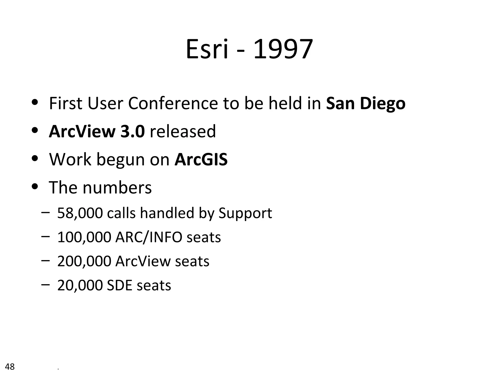 48 .
Esri - 1997
• First User Conference to be held in San Diego
• ArcView 3.0 released
• Work begun on ArcGIS
• The numbers
– 58,000 calls handled by Support
– 100,000 ARC/INFO seats
– 200,000 ArcView seats
– 20,000 SDE seats
 