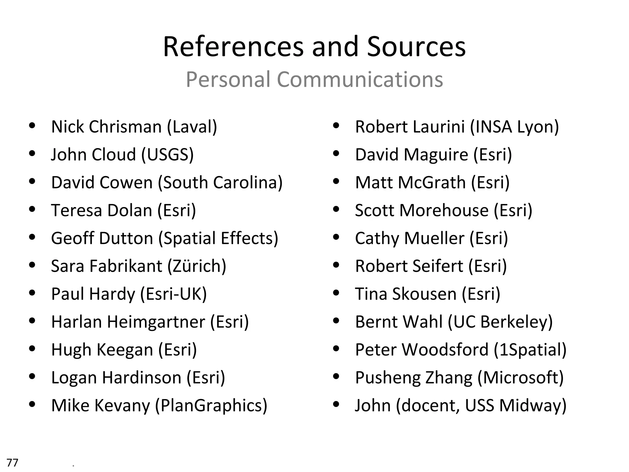 77 .
• Nick Chrisman (Laval)
• John Cloud (USGS)
• David Cowen (South Carolina)
• Teresa Dolan (Esri)
• Geoff Dutton (Spatial Effects)
• Sara Fabrikant (Zürich)
• Paul Hardy (Esri-UK)
• Harlan Heimgartner (Esri)
• Hugh Keegan (Esri)
• Logan Hardinson (Esri)
• Mike Kevany (PlanGraphics)
• Robert Laurini (INSA Lyon)
• David Maguire (Esri)
• Matt McGrath (Esri)
• Scott Morehouse (Esri)
• Cathy Mueller (Esri)
• Robert Seifert (Esri)
• Tina Skousen (Esri)
• Bernt Wahl (UC Berkeley)
• Peter Woodsford (1Spatial)
• Pusheng Zhang (Microsoft)
• John (docent, USS Midway)
References and Sources
Personal Communications
 