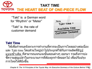 “Takt” is a German word
for “Rhythm” or “Meter”
“Takt” is the rate of
customer demand
Takt TimeTakt Time
ใช้เพื่อกำำหนดจังหวะกำรทำำงำนที่ควรจะเป็นกำรไหลอย่ำงต่อเนื่อง
และ Takt time โดยส่วนใหญ่นำำไปประยุกต์ใช้กับกำรผลิตที่มีรูป
แบบซำ้ำเดิม ที่สำมำรถแจกแจงขั้นตอนต่ำงๆ ออกมำ รวมถึงกำรบ่ง
ชี้ควำมสูญเปล่ำในกระบวนกำรที่ต้องถูกกำำจัดออกไป เพื่อปรับปรุง
กำรไหลให้ดียิ่งขึ้น
TAKT TIME
Chapter 8: The 14 Principles of the Toyota Way: An Executive Summary of the Culture Behind TPS12
 