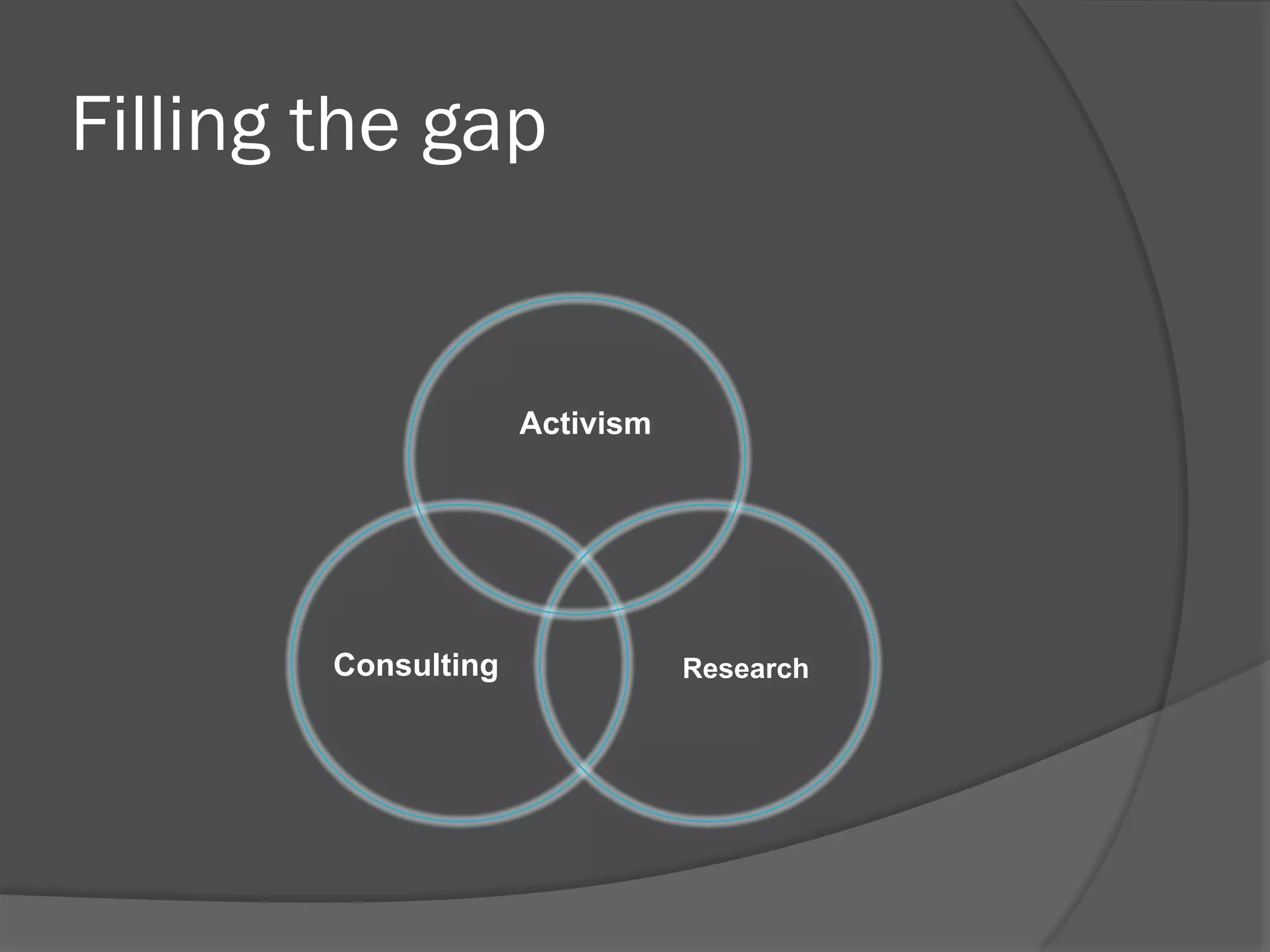 Filling the gap

Activism

Consulting

Research

 