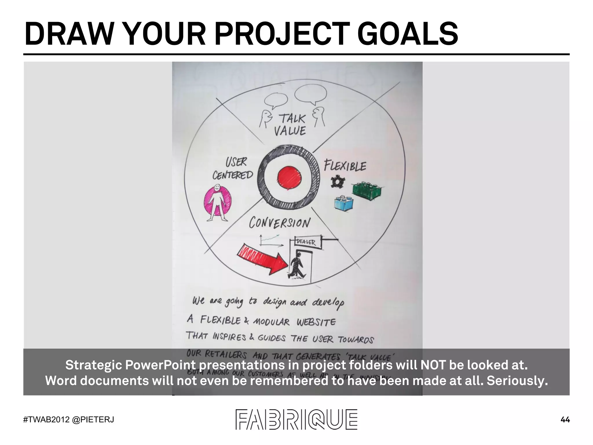 DRAW YOUR PROJECT GOALS




      Strategic PowerPoint presentations in project folders will NOT be looked at.
    Word documents will not even be remembered to have been made at all. Seriously.

#TWAB2012 @PIETERJ                                                                    44
 