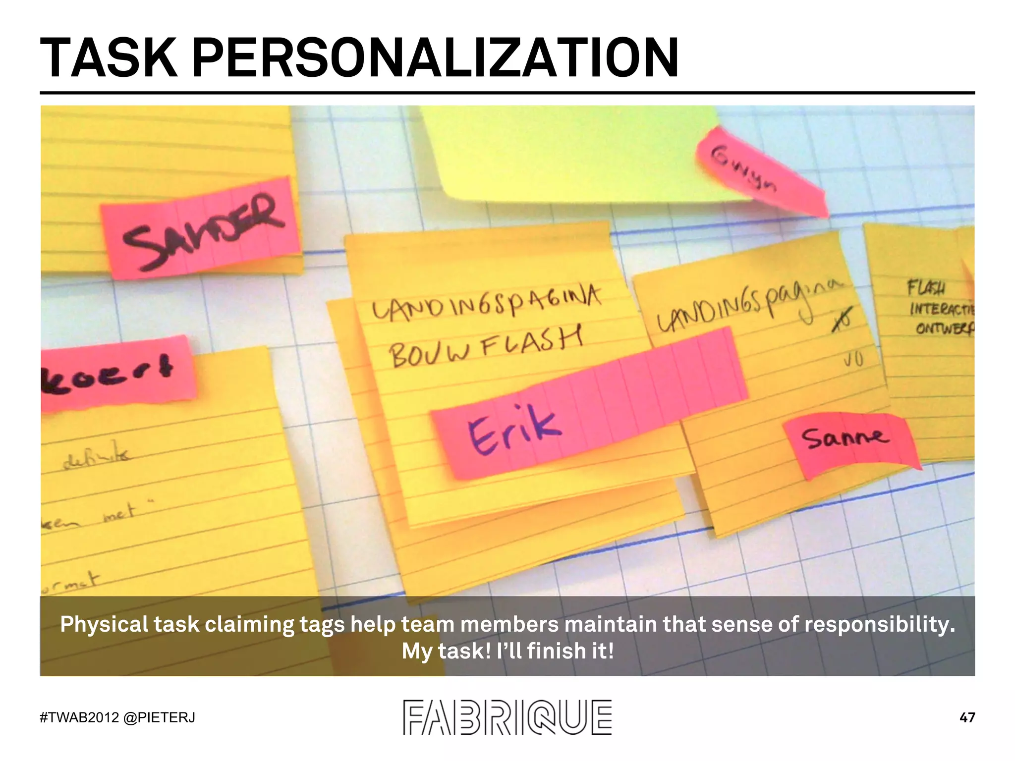 TASK PERSONALIZATION




  Physical task claiming tags help team members maintain that sense of responsibility.
                                   My task! I’ll finish it!

#TWAB2012 @PIETERJ                                                                       47
 