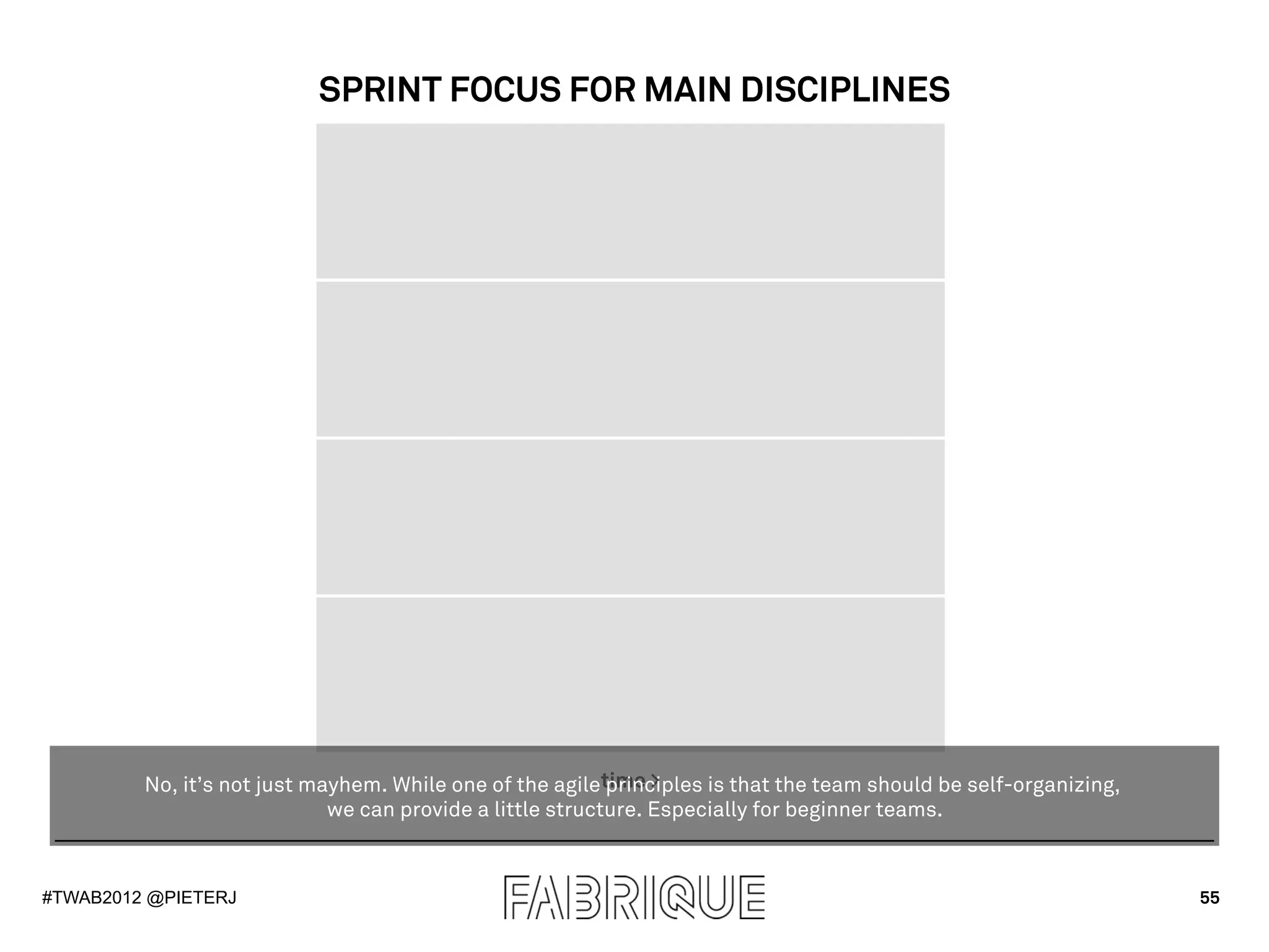 SPRINT FOCUS FOR MAIN DISCIPLINES




         No, it’s not just mayhem. While one of the agiletime >
                                                           principles is that the team should be self-organizing,
                             we can provide a little structure. Especially for beginner teams.



#TWAB2012 @PIETERJ                                                                                                  55
 