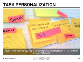 TASK PERSONALIZATION




  Physical task claiming tags help team members maintain that sense of responsibility.
          ...