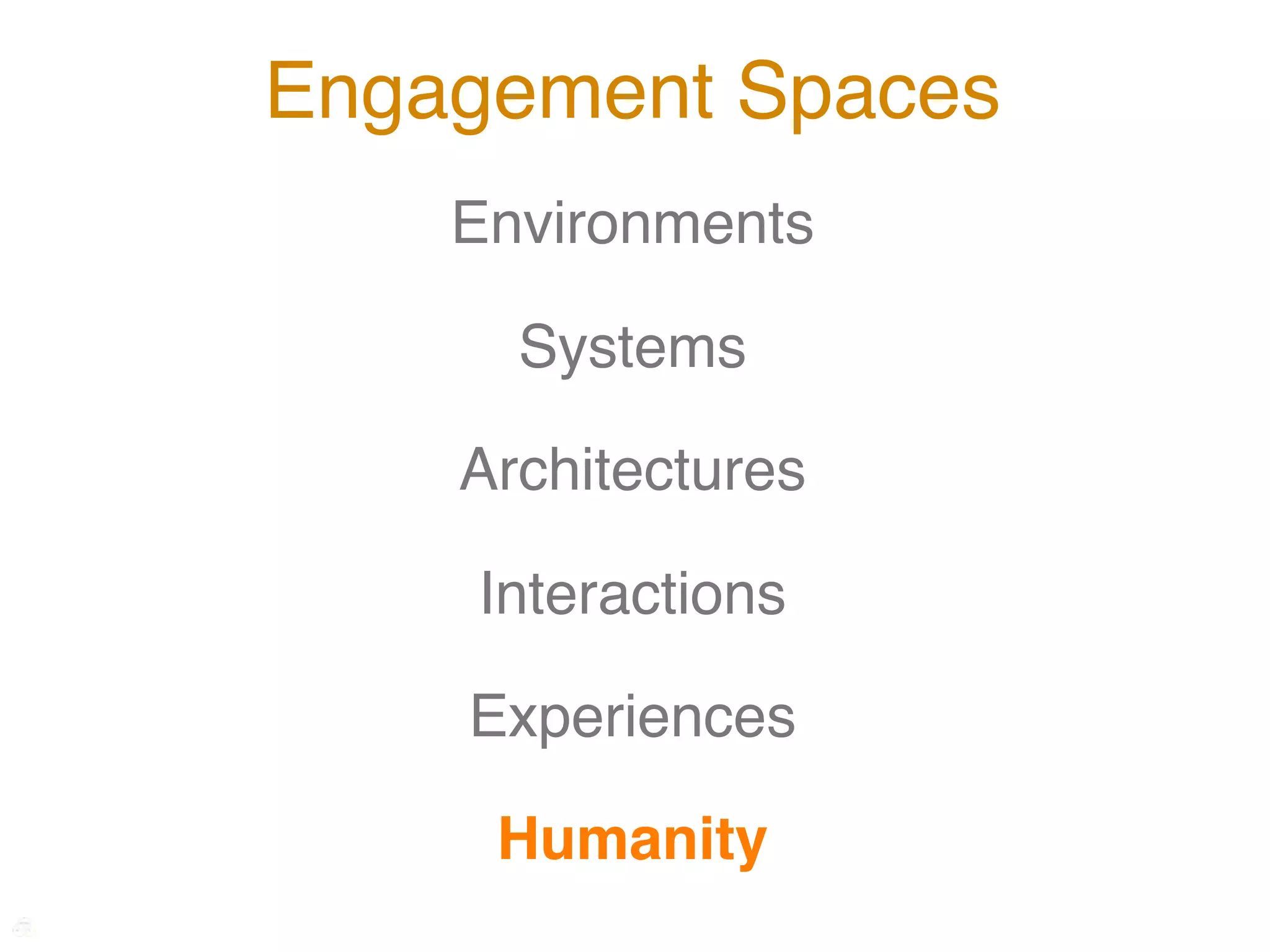 Engagement Spaces
    Environments

      Systems

    Architectures

    Interactions

    Experiences

     Humanity
 