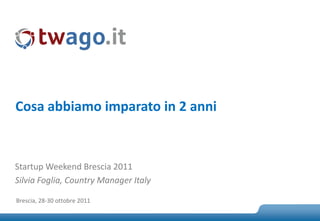Cosa abbiamo imparato in 2 anni


Startup Weekend Brescia 2011
Silvia Foglia, Country Manager Italy

Brescia, 28-30 ottobre 2011

                                       0
 