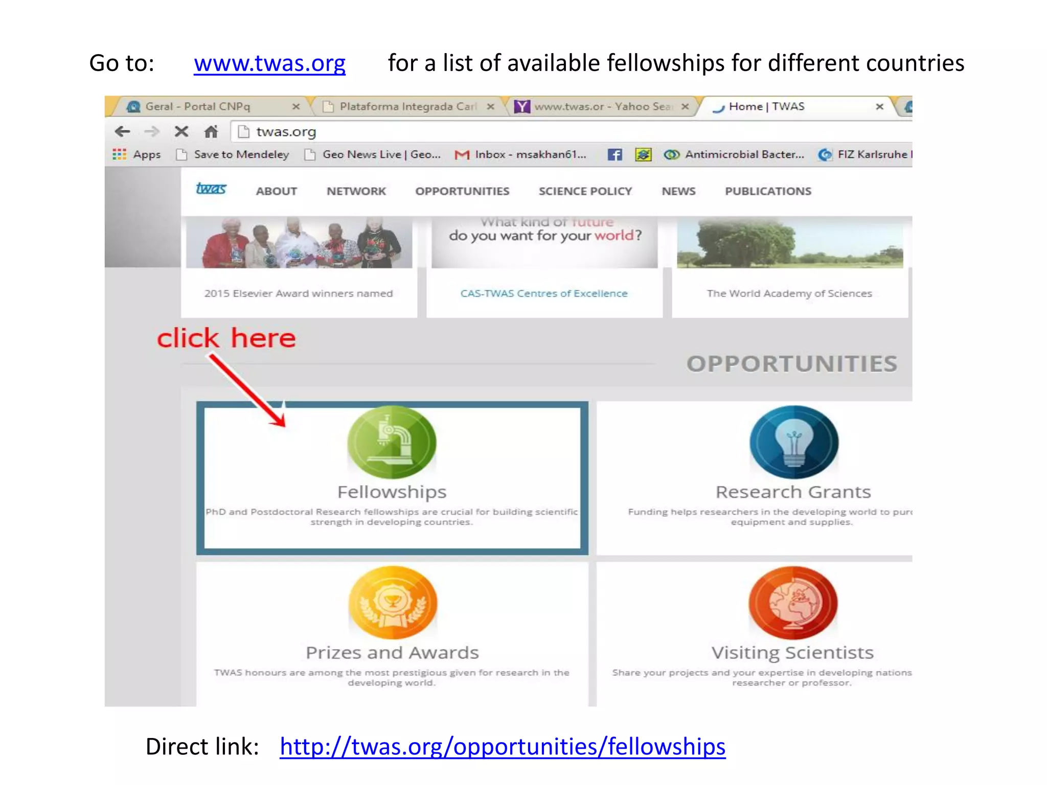Go to: www.twas.org for a list of available fellowships for different countries
http://twas.org/opportunities/fellowshipsDirect link:
 