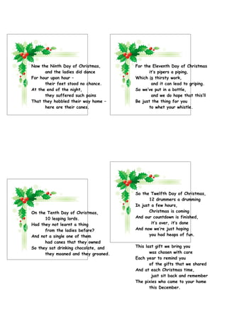 Now the Ninth Day of Christmas,       For the Eleventh Day of Christmas
      and the ladies did dance               it’s pipers a piping,
For hour upon hour –                  Which is thirsty work,
      their feet stood no chance.             and it can lead to griping.
At the end of the night,              So we’ve put in a bottle,
      they suffered such pains                and we do hope that this’ll
That they hobbled their way home –    Be just the thing for you
      here are their canes.                  to whet your whistle.




                                      So the Twelfth Day of Christmas,
                                             12 drummers a drumming
                                      In just a few hours,
On the Tenth Day of Christmas,               Christmas is coming
      10 leaping lords.               And our countdown is finished,
Had they not learnt a thing                   it’s over, it’s done
      from the ladies before?         And now we’re just hoping
And not a single one of them                 you had heaps of fun.
      had canes that they owned
So they sat drinking chocolate, and   This last gift we bring you
      they moaned and they groaned.          was chosen with care
                                      Each year to remind you
                                             of the gifts that we shared
                                      And at each Christmas time,
                                              just sit back and remember
                                      The pixies who came to your home
                                             this December.
 
