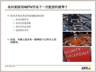 使用者尋求更好的影像監控結果更高的解析度更高的影像張數更好的色彩表現 寬螢幕的普及但是，市場上是否有一個準則？以符合上述的需求。為何要採用HDTV作為下一代監控的標準？