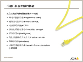市場已經有明顯的轉變現在正是採用網路攝影機的時間點漸進式掃描取像(Progressive scan)更簡易電源供給(Benefits of PoE)高畫質的震撼(HDTV)彈性化的儲存策略(Simplified storage)影像智慧化(Intelligence)簡化且彈性的安裝方式(Flexible mount)無線與無限(Wireless)成熟的基礎建設(Ethernet infrastructure often in place)