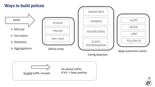 70295
©
Ways to build polices
➢ Manual
➢ Heuristics
➢ Statistics
➢ Aggregations
Protocol
Payload
User input
SIGNATURES
RES...