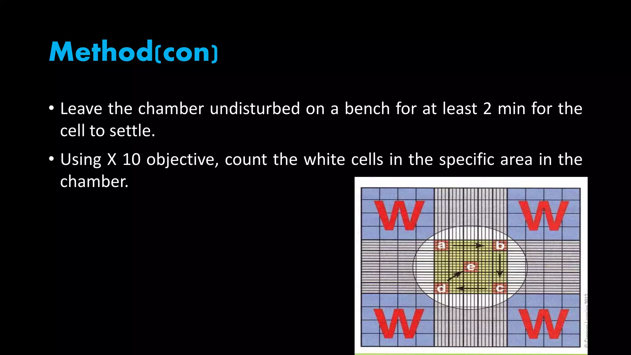 Method(con)
• Leave the chamber undisturbed on a bench for at least 2 min for the
cell to settle.
• Using X 10 objective, count the white cells in the specific area in the
chamber.
 