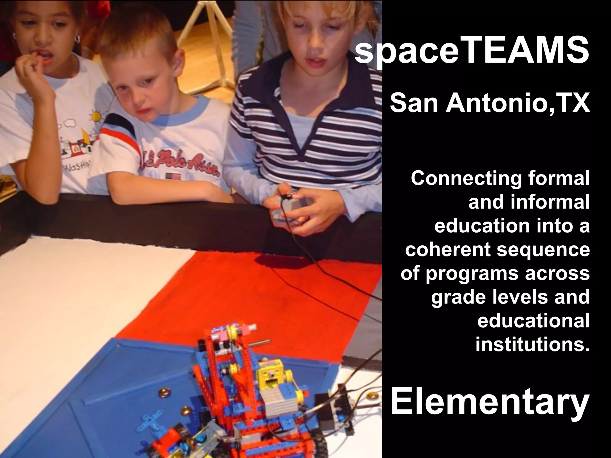 Elementary
spaceTEAMS
San Antonio,TX
Connecting formal
and informal
education into a
coherent sequence
of programs across
grade levels and
educational
institutions.
 