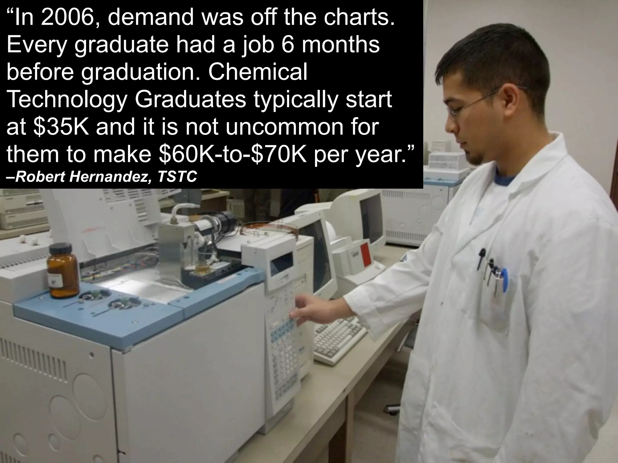 “In 2006, demand was off the charts.
Every graduate had a job 6 months
before graduation. Chemical
Technology Graduates typically start
at $35K and it is not uncommon for
them to make $60K-to-$70K per year.”
–Robert Hernandez, TSTC
 
