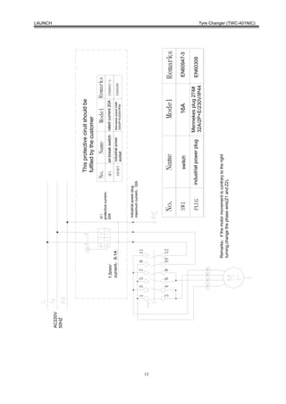 LAUNCH




     AC220V
     50HZ




                                                                                            This protective ciruit should be
                                                                                            fulfiled by the customer
                                                               QF1                       No.             Name              Model             Remarks
                                                               protective current ：
                            1.5mm 2                            20A                        QF1      air-break switch   rated current 20A      EN60947-2
                            current：9.1A                                                           industrial power   Mennekes socket 536#
                                                                                          SOCKET                                             EN60309
                                                                                                   socket             32A/2P+E/230V/IP44



                                                                industrial power plug
                                                                maximum current ：32A
              1   3     5         7    9     11




13
              2   4     6         8    1O 12
                                                                    No.                         Name                          Model                      Remarks
                                                                     SW1                        switch                           16A                     EN60947-3

                                                                                      industrial power plug           Mennekes plug 274#
                                                                     PLUG                                                                                EN60309
                                                                                                                      32A/2P+E/230V/IP44
                  U1   Z1    Z2   U2




                                           Remarks：if the motor movement is contrary to the right
                                           turning,change the phase wire(Z1 and Z2).
                                                                                                                                                                     Tyre Changer (TWC-401NIC)
 