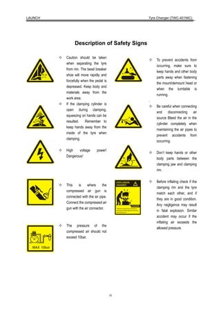 LAUNCH                                             Tyre Changer (TWC-401NIC)




                   Description of Safety Signs

              Caution should be taken
                                                       To prevent accidents from
              when separating the tyre
                                                       occurring, make sure to
              from rim. The bead breaker
                                                       keep hands and other body
              shoe will move rapidly and
                                                       parts away when fastening
              forcefully when the pedal is
                                                       the mount/demount head or
              depressed. Keep body and
                                                       when the turntable is
              materials away from the
                                                       running.
              work area.
                                                   .
              If the clamping cylinder is
                                                       Be careful when connecting
              open during clamping,
                                                       and disconnecting air
              squeezing on hands can be
                                                       source Bleed the air in the
              resulted.    Remember to
                                                       cylinder completely when
              keep hands away from the
                                                       maintaining the air pipes to
              inside of the tyre when
                                                       prevent accidents from
              clamping.
                                                       occurring.

              High    voltage      power!
                                                       Don’t keep hands or other
              Dangerous!
                                                       body parts between the
                                                       clamping jaw and clamping
                                                       rim.

                                                       Before inflating check if the
              This    is     where     the
                                                       clamping rim and the tyre
              compressed air gun is
                                                       match each other, and if
              connected with the air pipe.
                                                       they are in good condition.
              Connect the compressed air
                                                       Any negligence may result
              gun with the air connector.
                                                       in fatal explosion. Similar
                                                       accident may occur if the
                                                       inflating air exceeds the
              The pressure of the
                                                       allowed pressure.
              compressed air should not
              exceed 10bar.

  MAX 10bar




                                             iii
 
