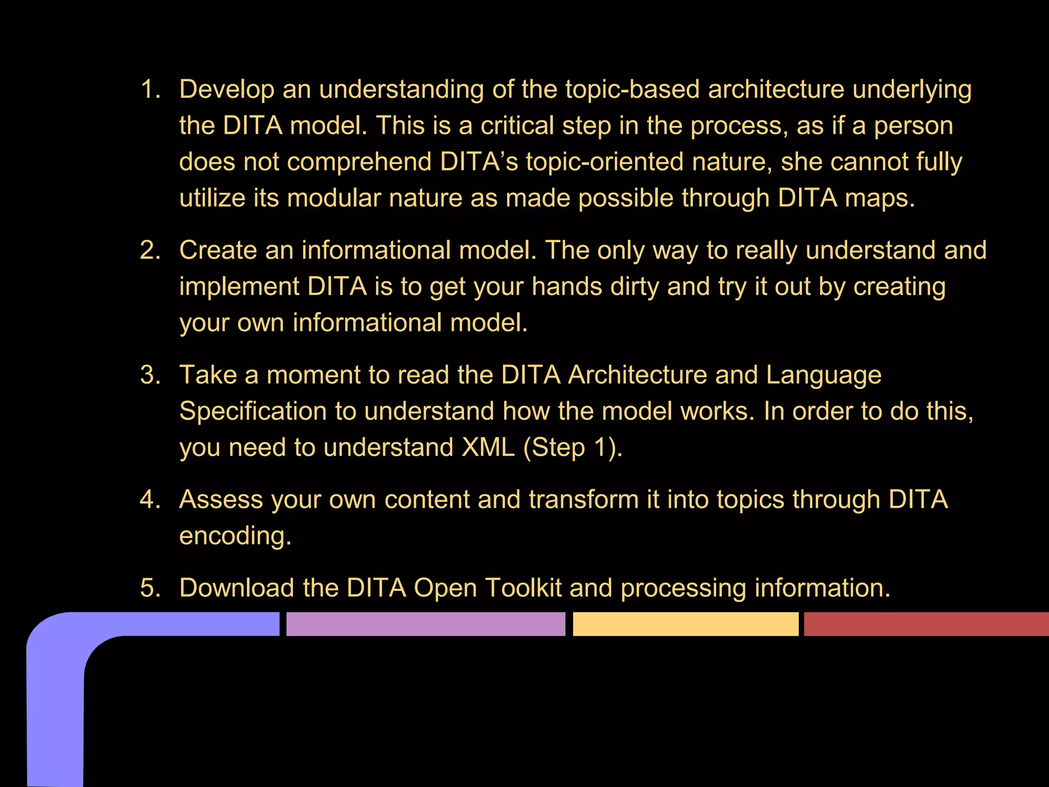 1. Develop an understanding of the topic-based architecture underlying
the DITA model. This is a critical step in the process, as if a person
does not comprehend DITA’s topic-oriented nature, she cannot fully
utilize its modular nature as made possible through DITA maps.
2. Create an informational model. The only way to really understand and
implement DITA is to get your hands dirty and try it out by creating
your own informational model.
3. Take a moment to read the DITA Architecture and Language
Specification to understand how the model works. In order to do this,
you need to understand XML (Step 1).
4. Assess your own content and transform it into topics through DITA
encoding.
5. Download the DITA Open Toolkit and processing information.
Understanding how to implement DITA is a multi-step process.
 