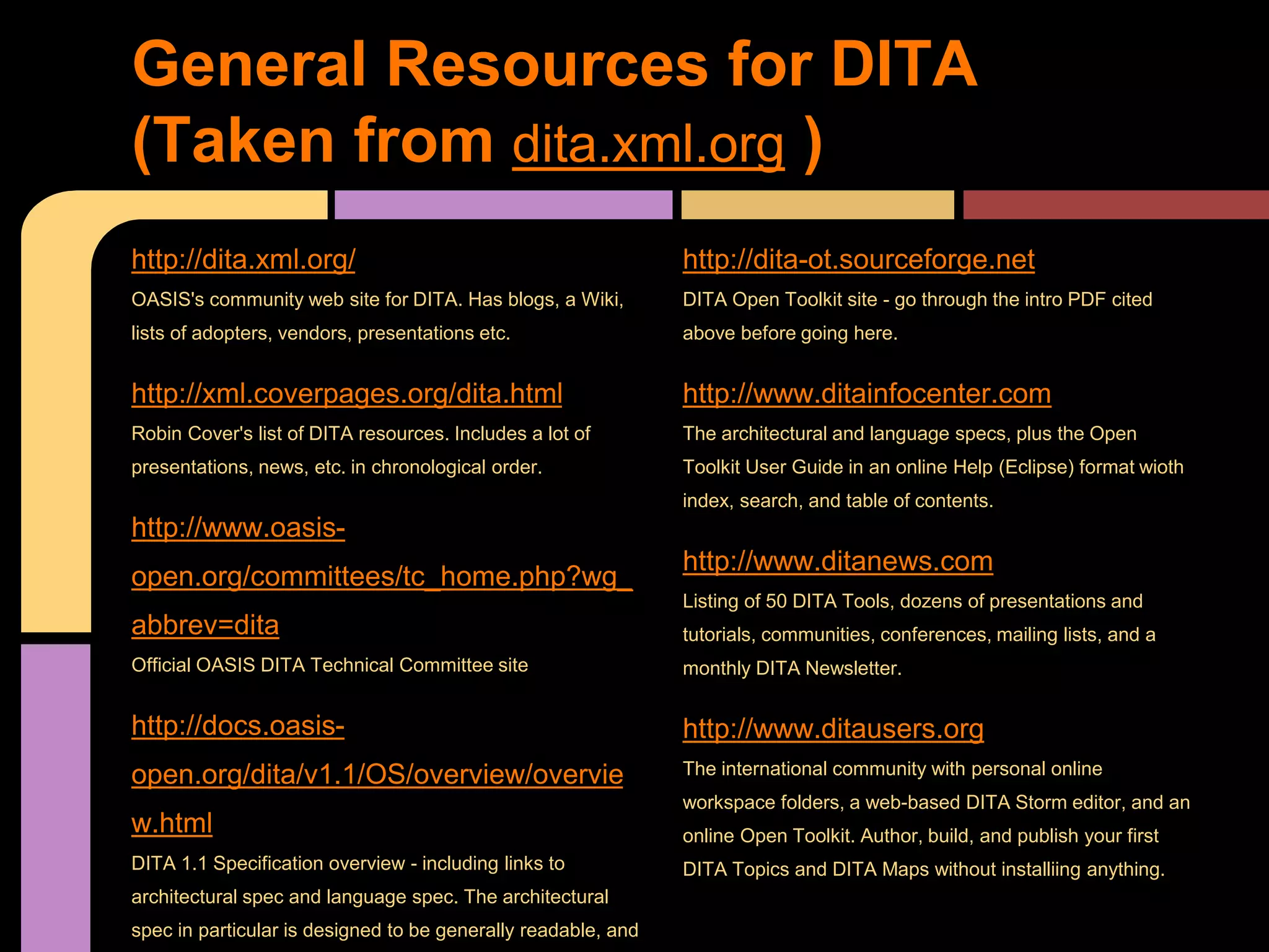 http://dita.xml.org/
OASIS's community web site for DITA. Has blogs, a Wiki,
lists of adopters, vendors, presentations etc.
http://xml.coverpages.org/dita.html
Robin Cover's list of DITA resources. Includes a lot of
presentations, news, etc. in chronological order.
http://www.oasis-
open.org/committees/tc_home.php?wg_
abbrev=dita
Official OASIS DITA Technical Committee site
http://docs.oasis-
open.org/dita/v1.1/OS/overview/overvie
w.html
DITA 1.1 Specification overview - including links to
architectural spec and language spec. The architectural
spec in particular is designed to be generally readable, and
http://dita-ot.sourceforge.net
DITA Open Toolkit site - go through the intro PDF cited
above before going here.
http://www.ditainfocenter.com
The architectural and language specs, plus the Open
Toolkit User Guide in an online Help (Eclipse) format wioth
index, search, and table of contents.
http://www.ditanews.com
Listing of 50 DITA Tools, dozens of presentations and
tutorials, communities, conferences, mailing lists, and a
monthly DITA Newsletter.
http://www.ditausers.org
The international community with personal online
workspace folders, a web-based DITA Storm editor, and an
online Open Toolkit. Author, build, and publish your first
DITA Topics and DITA Maps without installiing anything.
General Resources for DITA
(Taken from dita.xml.org )
 