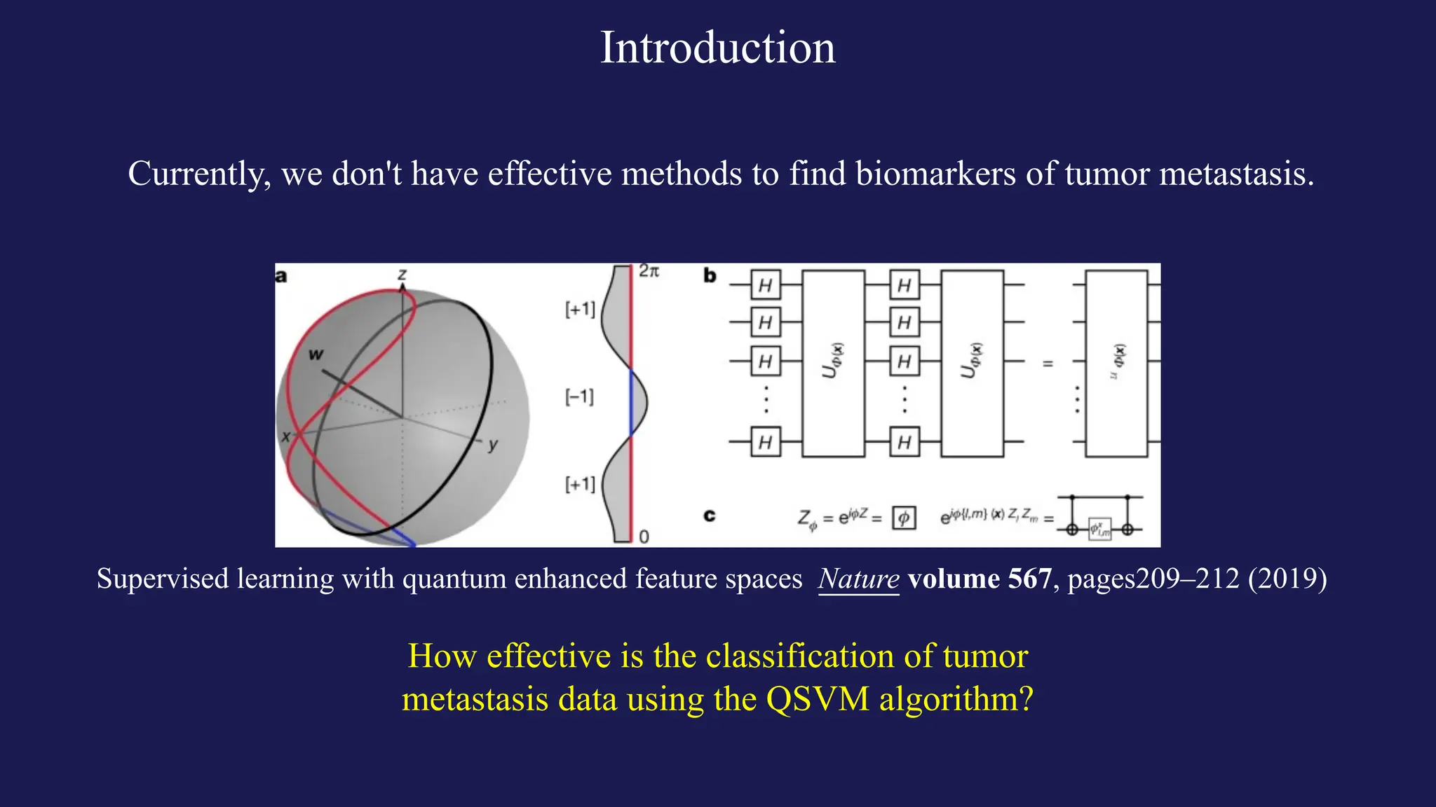 Introduction
Currently, we don't have effective methods to find biomarkers of tumor metastasis.
How effective is the classification of tumor
metastasis data using the QSVM algorithm?
Supervised learning with quantum enhanced feature spaces Nature volume 567, pages209–212 (2019)
 