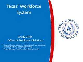 Texas’ Workforce
          System



                Grady Giffin
       Office of Employer Initiatives
• Cluster Manager: Advanced Technologies & Manufacturing;
  Petroleum Refining & Chemical Products
• Project Manager: Workforce Data Quality Initiative
 