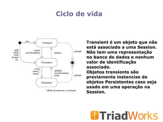 Ciclo de vida Transient é um objeto que não está associado a uma Session. Não tem uma representação no banco de dados e nenhum valor de identificação associado. Objetos transients são previamente instancias de objetos Persistentes caso seja usado em uma operação na Session. 