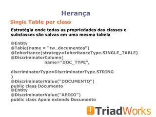 Herança Single  Table per class @Entity @Table(name = "tw_documentos")‏ @Inheritance(strategy=InheritanceType.SINGLE_TABLE)‏ @DiscriminatorColumn( name="DOC_TYPE", discriminatorType=DiscriminatorType.STRING )‏ @DiscriminatorValue("DOCUMENTO")‏ public class Documento @Entity @DiscriminatorValue("APOIO")‏ public class Apoio extends Documento Estratégia onde todas as propriedades das classes e subclasses são salvas em uma mesma tabela 