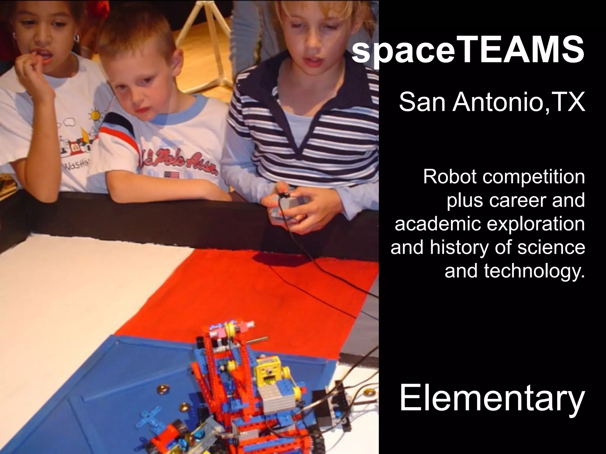Elementary
spaceTEAMS
San Antonio,TX
Robot competition
plus career and
academic exploration
and history of science
and technology.
 