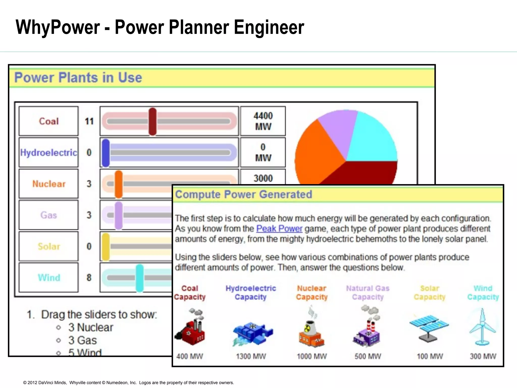 © 2012 DaVinci Minds, Whyville content © Numedeon, Inc. Logos are the property of their respective owners.
WhyPower - Power Planner Engineer
 